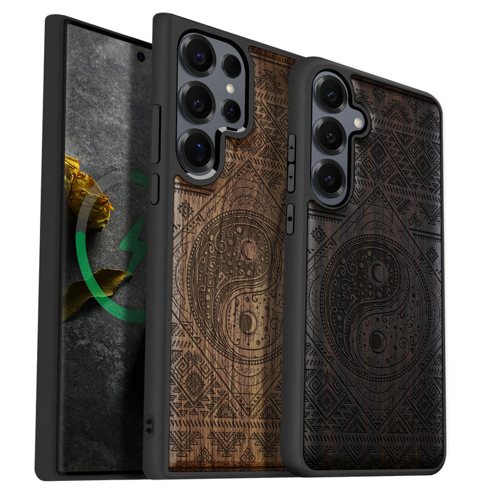 The Yin Yang Sun and Moon, Classic Engraved Wood & TPU Case - Artisanal Cover for Samsung Galaxy