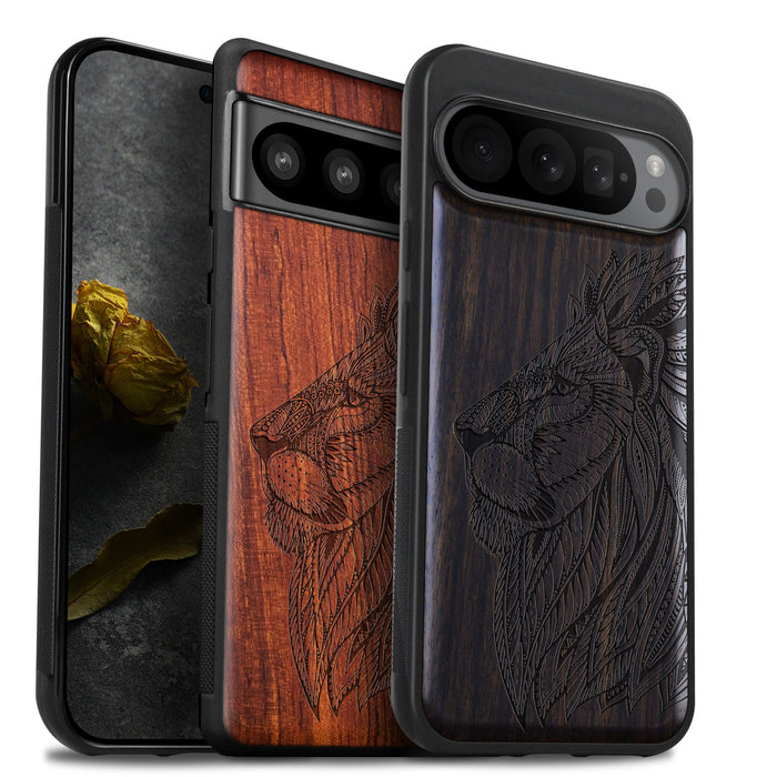 The Ornate Lion's Head, Classic Engraved Wood & TPU Case - Artisanal Cover for Google Pixel