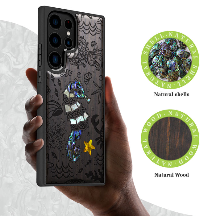 An Aquatic Symphony, Hand-Inlaid Wood & Mother of Pearl Case - Artisanal Cover for Samsung Galaxy