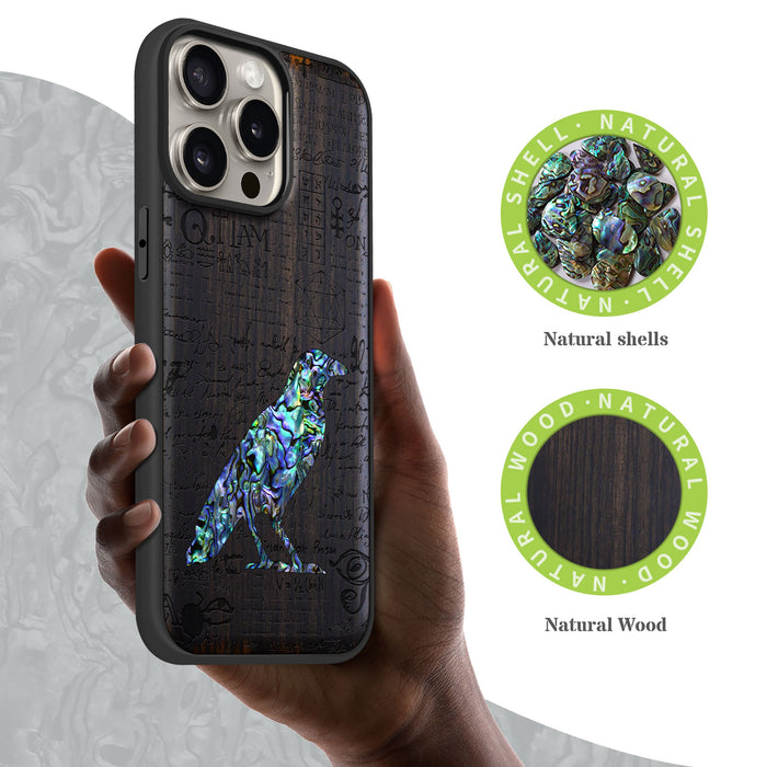 Raven Script, Hand-Inlaid Wood & Mother of Pearl Case - Artisanal Cover for Apple iPhone