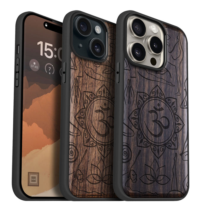 The Yoga Essence, Classic Engraved Wood & TPU Case - Artisanal Cover for Apple iPhone