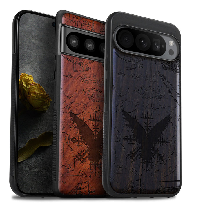 Splash Ink Vegvisir amidst Maritime Relics, Classic Engraved Wood & TPU Case - Artisanal Cover for Google Pixel