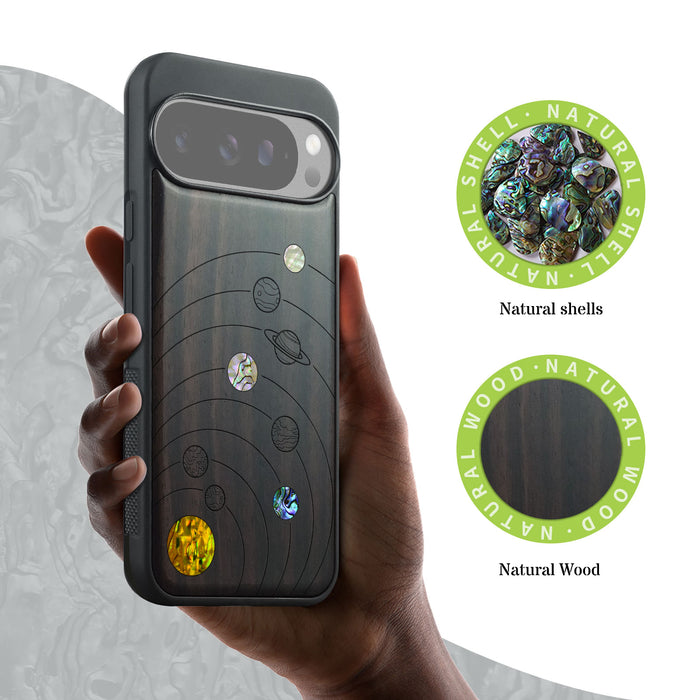 Solar System Simplicity, Hand-Inlaid Wood & Mother of Pearl Case - Artisanal Cover for Google Pixel