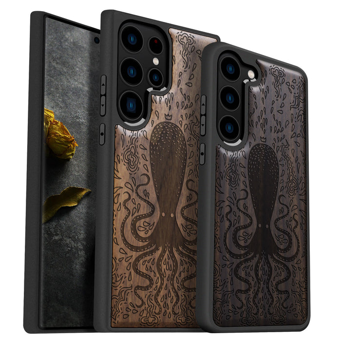 The Floral Octopus, Classic Engraved Wood & TPU Case - Artisanal Cover for Samsung Galaxy