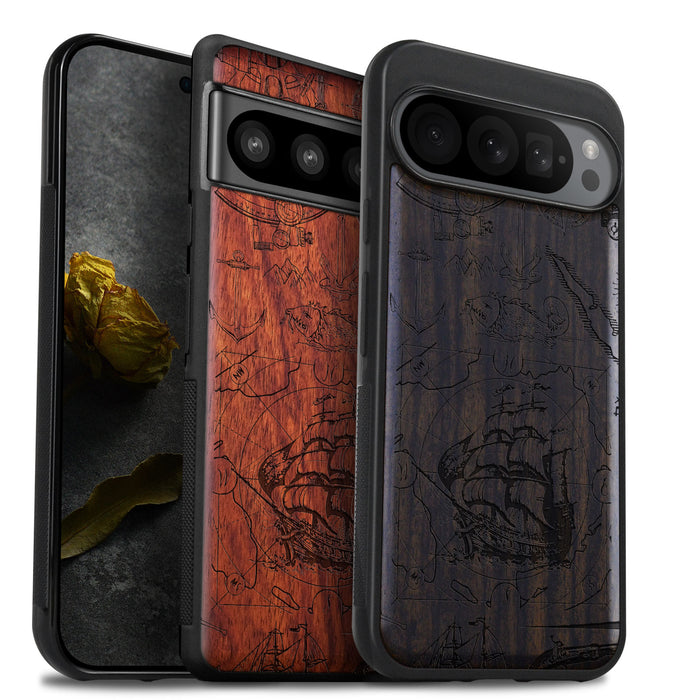 Voyage of Legends, Classic Engraved Wood & TPU Case - Artisanal Cover for Google Pixel