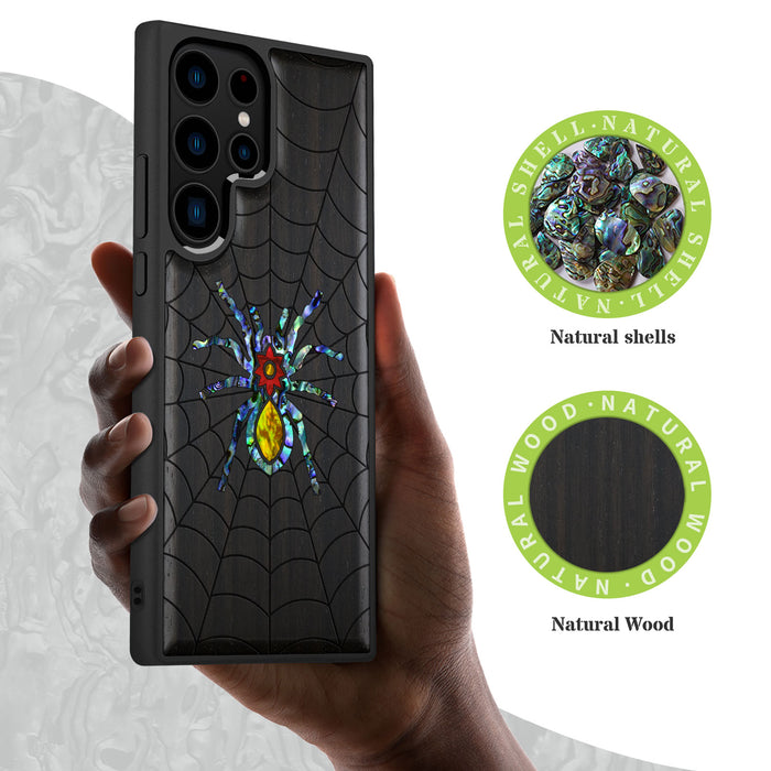 Spider Web, Hand-Inlaid Wood & Mother of Pearl Case - Artisanal Cover for Samsung Galaxy