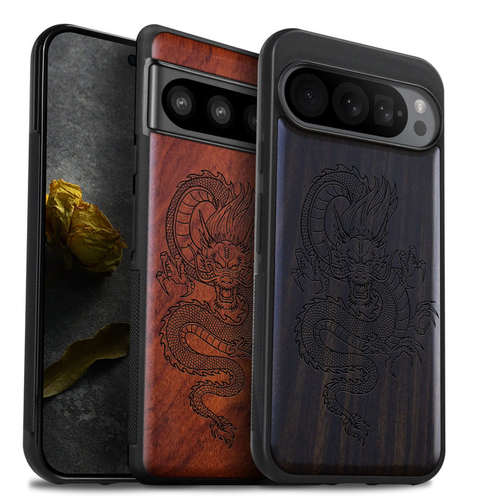 The Oriental Dragon, Classic Engraved Wood & TPU Case - Artisanal Cover for Google Pixel