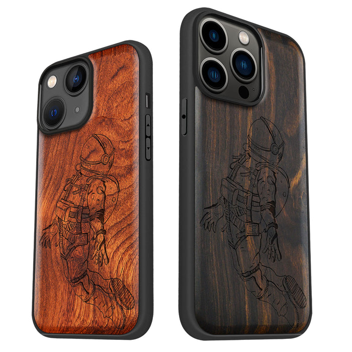 The Floating Astronaut, Classic Engraved Wood & TPU Case - Artisanal Cover for Apple iPhone