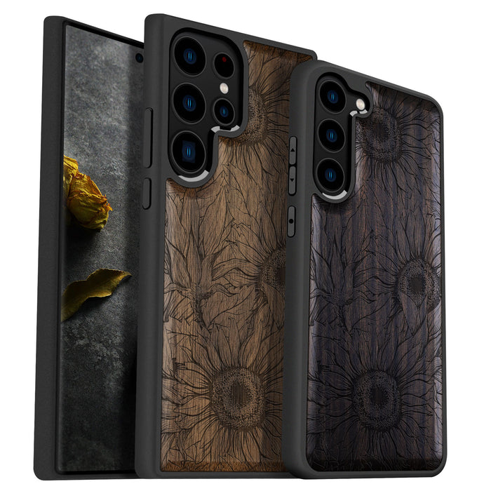 The Helianthus Sketch, Classic Engraved Wood & TPU Case - Artisanal Cover for Samsung Galaxy