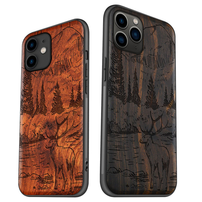 An Enthralling Natural Landscape Illustration, Classic Engraved Wood & TPU Case - Artisanal Cover for Apple iPhone