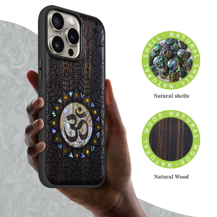 Harmony's Whisper Mandala, Hand-Inlaid Wood & Mother of Pearl Case - Artisanal Cover for Apple iPhone