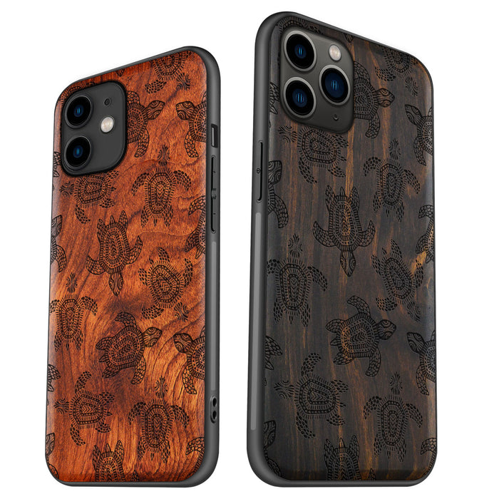 The Turtle Pattern Design, Classic Engraved Wood & TPU Case - Artisanal Cover for Apple iPhone