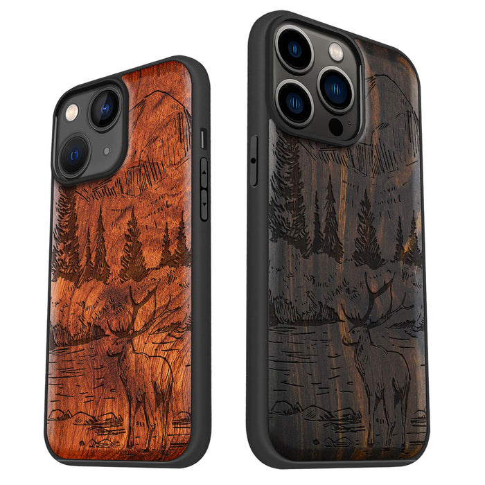 An Enthralling Natural Landscape Illustration, Classic Engraved Wood & TPU Case - Artisanal Cover for Apple iPhone