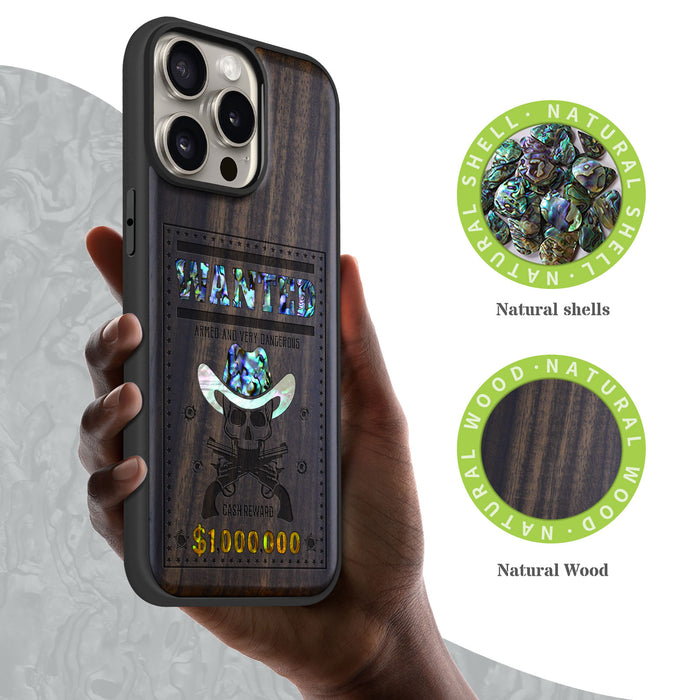 Outlaw Skull Wanted, Hand-Inlaid Wood & Mother of Pearl Case - Artisanal Cover for Apple iPhone