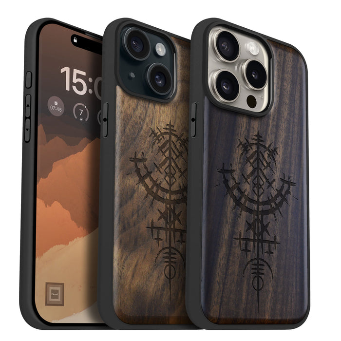 Vegvísir, Classic Engraved Wood & TPU Case - Artisanal Cover for Apple iPhone