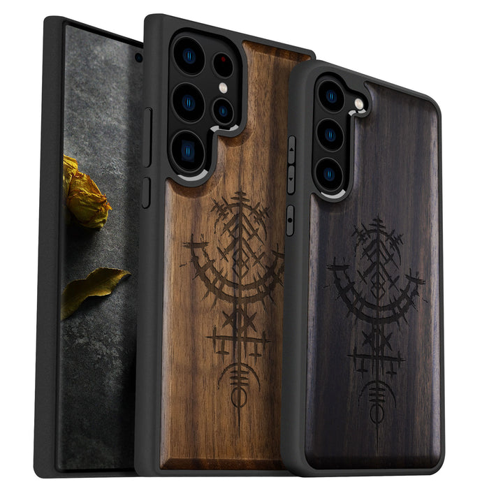 Vegvísir, Classic Engraved Wood & TPU Case - Artisanal Cover for Samsung Galaxy