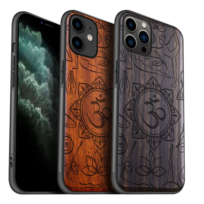 The Yoga Essence, Classic Engraved Wood & TPU Case - Artisanal Cover for Apple iPhone