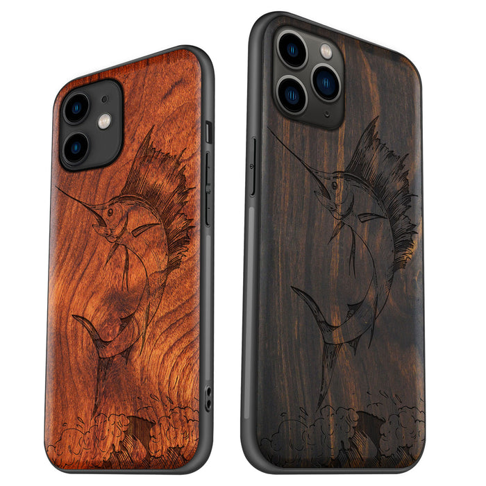 The Soaring Marlin, Classic Engraved Wood & TPU Case - Artisanal Cover for Apple iPhone