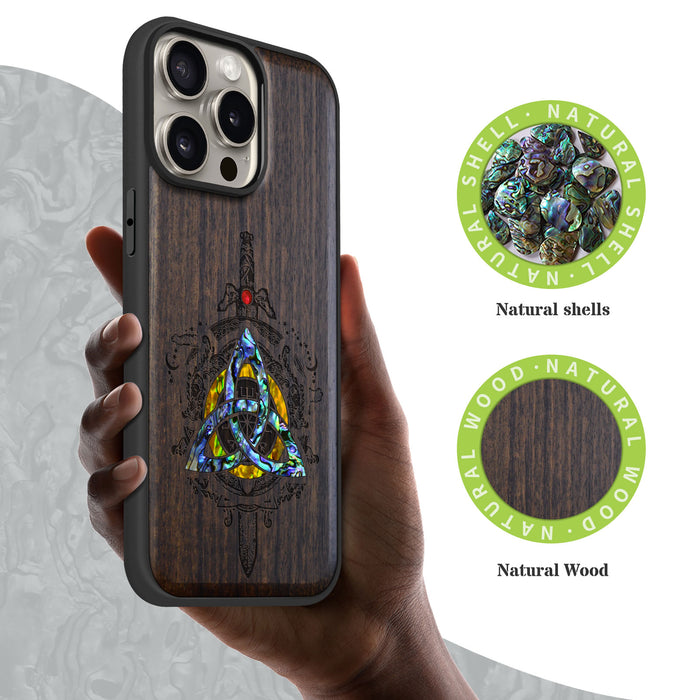 Norse Emblems, Hand-Inlaid Wood & Mother of Pearl Case - Artisanal Cover for Apple iPhone