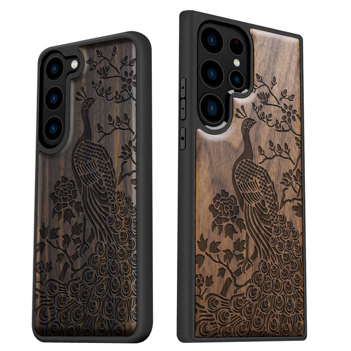 The Majestic Asian Peacock, Classic Engraved Wood & TPU Case - Artisanal Cover for Samsung Galaxy