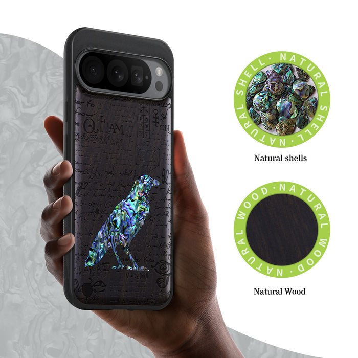 Raven Script, Hand-Inlaid Wood & Mother of Pearl Case - Artisanal Cover for Google Pixel
