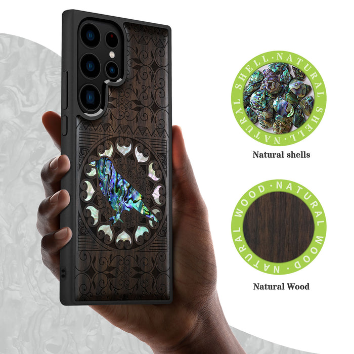 The Zentangle Crow, Hand-Inlaid Wood & Mother of Pearl Case - Artisanal Cover for Samsung Galaxy