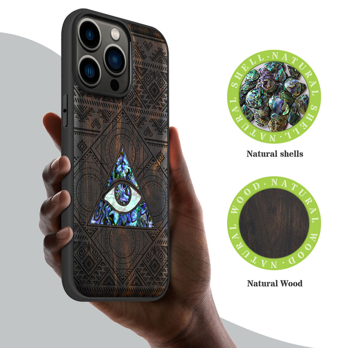 The All-Seeing Eye, Hand-Inlaid Wood & Mother of Pearl Case - Artisanal Cover for Apple iPhone