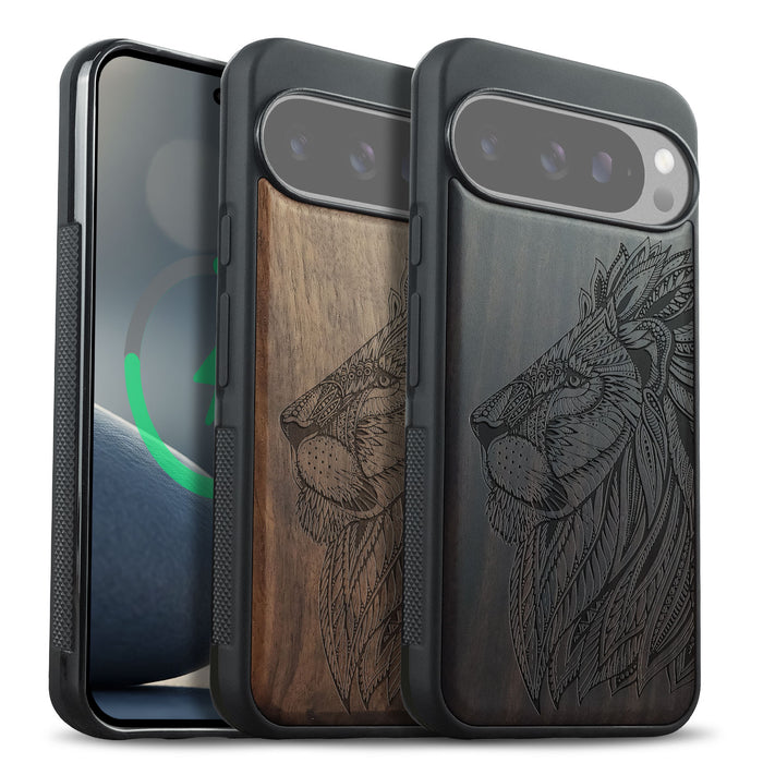 Lion Majesty, Classic Engraved Wood & TPU Case - Artisanal Cover for Google Pixel