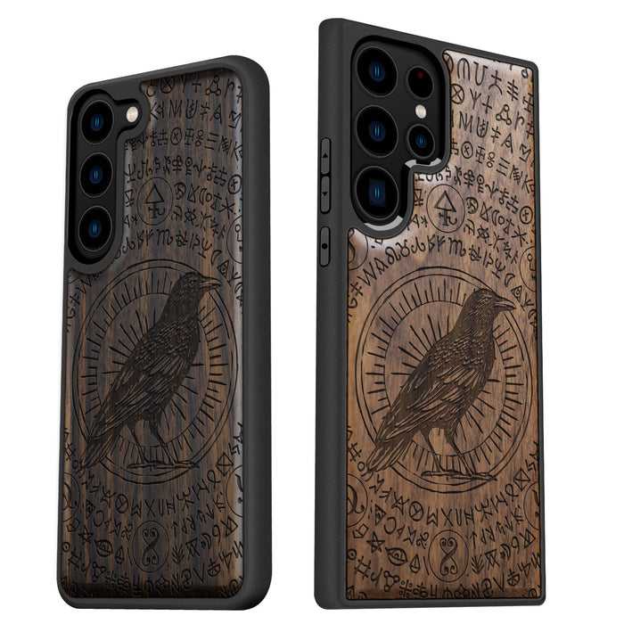 The Haloed Crow, Classic Engraved Wood & TPU Case - Artisanal Cover for Samsung Galaxy