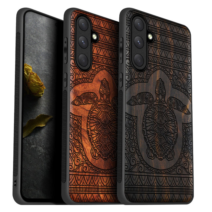 The Enigmatic Turtle of Timeless Patterns, Classic Engraved Wood & TPU Case - Artisanal Cover for Samsung Galaxy