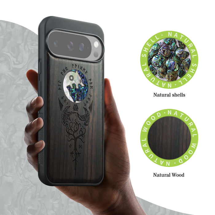 Vegvísir, Ravens, and Yggdrasil, Hand-Inlaid Wood & Mother of Pearl Case - Artisanal Cover for Google Pixel