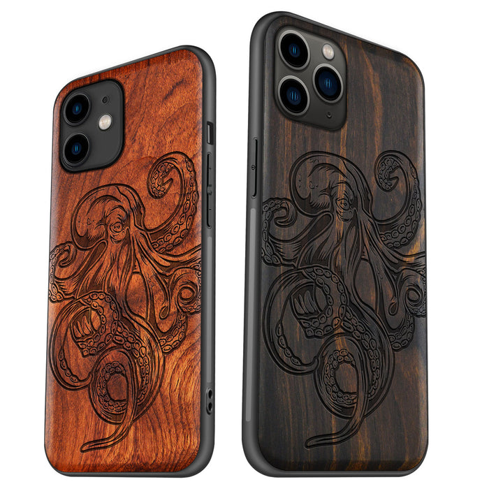 Bodybuilding Octopus Illustration, Classic Engraved Wood & TPU Case - Artisanal Cover for Apple iPhone