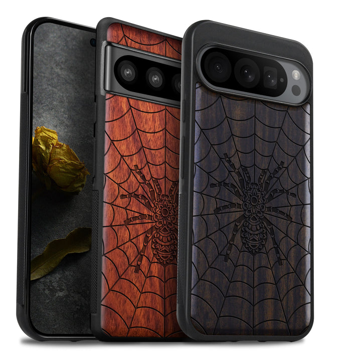 Elegant Webbed Wonder, Classic Engraved Wood & TPU Case - Artisanal Cover for Google Pixel