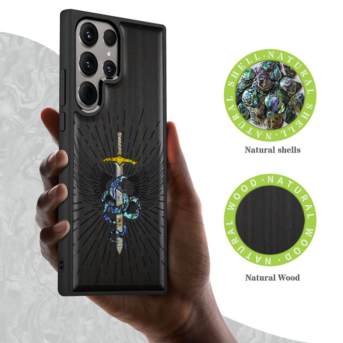 Serpent Winged Sword, Hand-Inlaid Wood & Mother of Pearl Case - Artisanal Cover for Samsung Galaxy