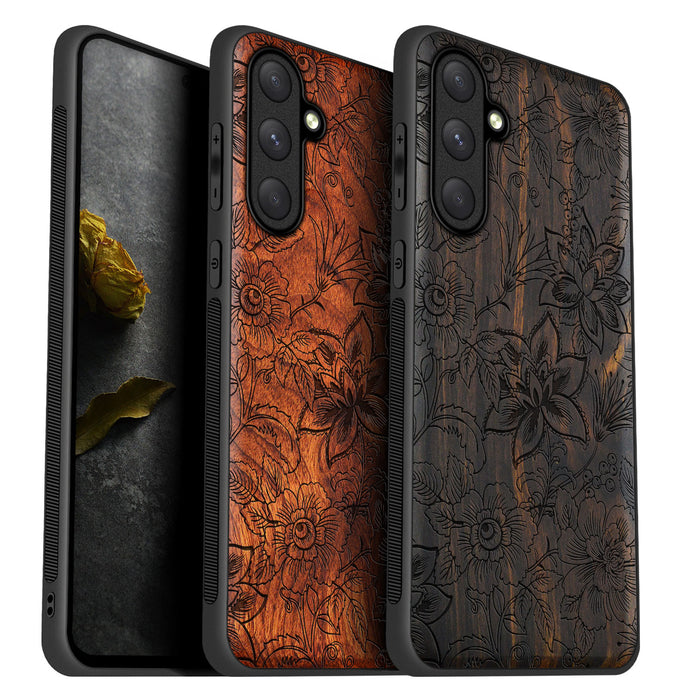 Floral Symphony, Classic Engraved Wood & TPU Case - Artisanal Cover for Samsung Galaxy