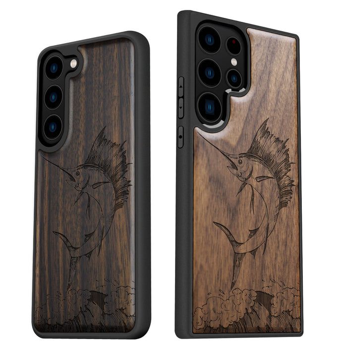 The Soaring Marlin, Classic Engraved Wood & TPU Case - Artisanal Cover for Samsung Galaxy