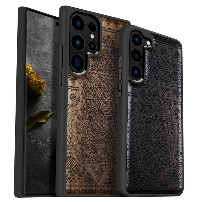 The Owl Mandala, Classic Engraved Wood & TPU Case - Artisanal Cover for Samsung Galaxy