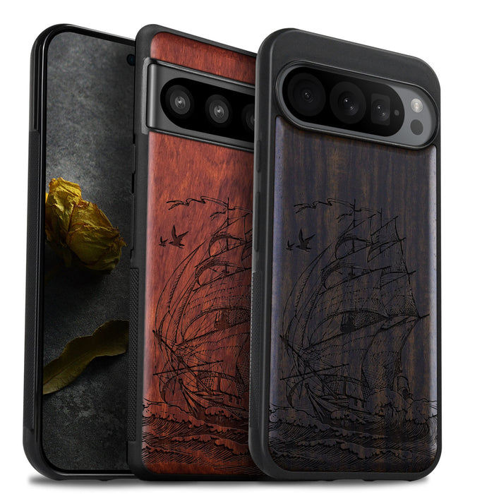 A Sailing Yacht on the Sea Waves, Classic Engraved Wood & TPU Case - Artisanal Cover for Google Pixel