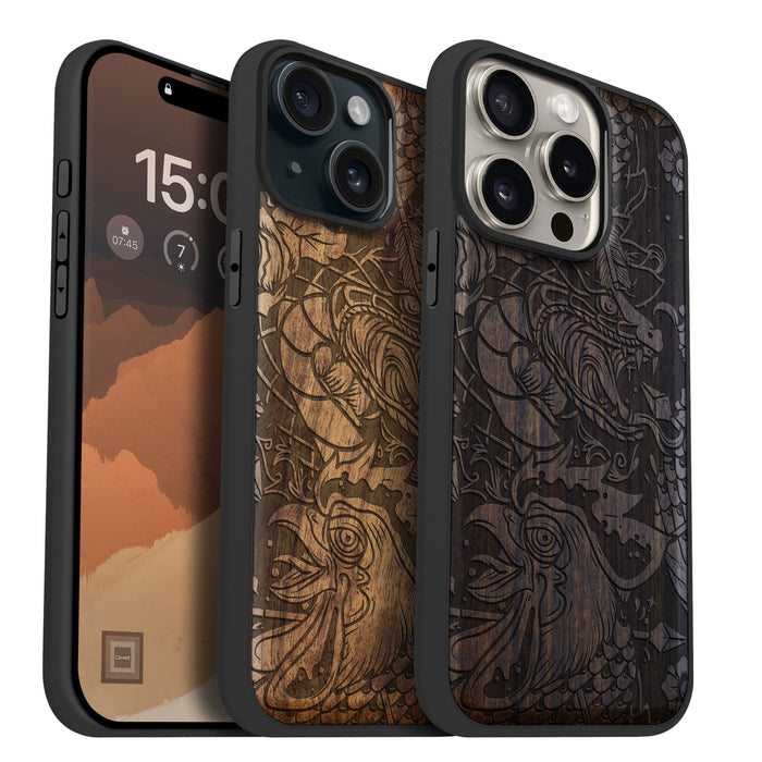 Fierce Mythical Clas, Classic Engraved Wood & TPU Case - Artisanal Cover for Apple iPhone