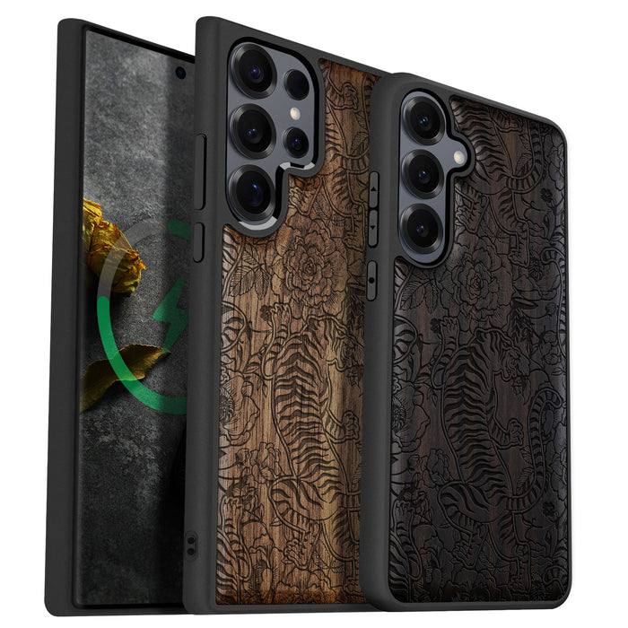 A Tiger Amidst Flowers and Vines, Classic Engraved Wood & TPU Case - Artisanal Cover for Samsung Galaxy