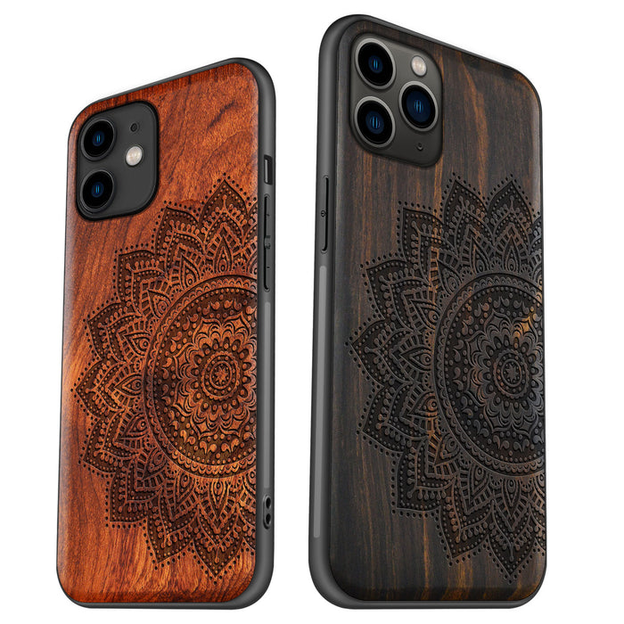 The Half Mandala Lace Art, Classic Engraved Wood & TPU Case - Artisanal Cover for Apple iPhone