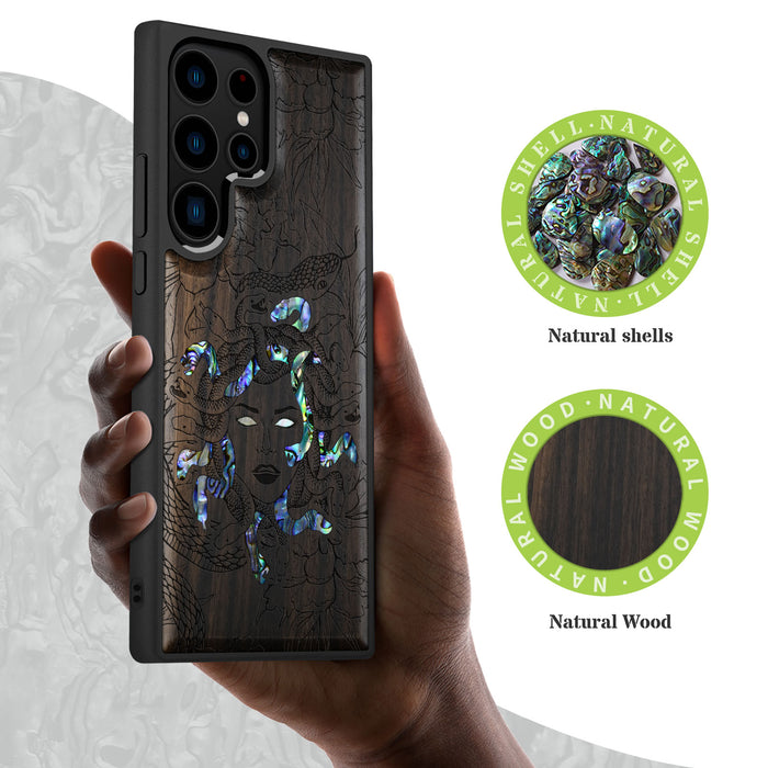 The Medusa Enigma, Hand-Inlaid Wood & Mother of Pearl Case - Artisanal Cover for Samsung Galaxy