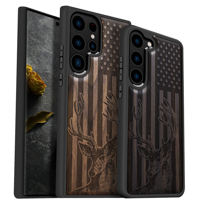 Deer Against the Backdrop of Stars and Stripes, Classic Engraved Wood & TPU Case - Artisanal Cover for Samsung Galaxy