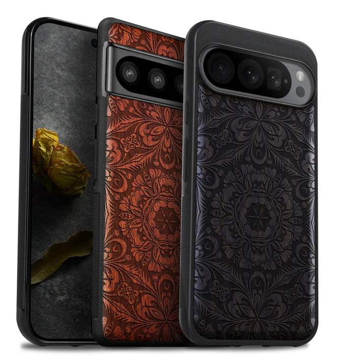 Vintage Damask egnraved in Wood, Classic Engraved Wood & TPU Case - Artisanal Cover for Google Pixel
