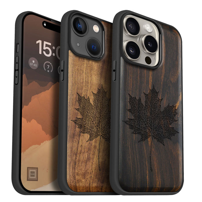 Intricate Maple Leaf Sketch, Classic Engraved Wood & TPU Case - Artisanal Cover for Apple iPhone