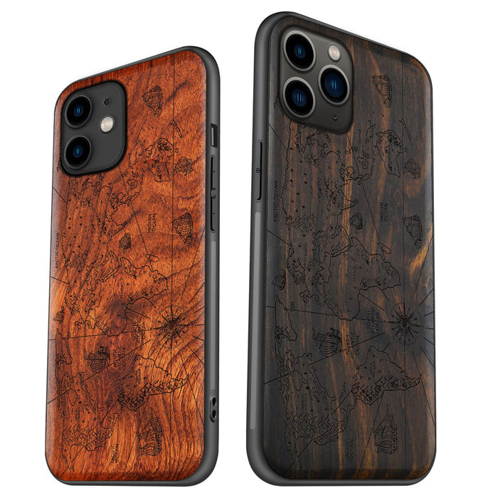 Physical World Map with Antique Travel Ship, Classic Engraved Wood & TPU Case - Artisanal Cover for Apple iPhone