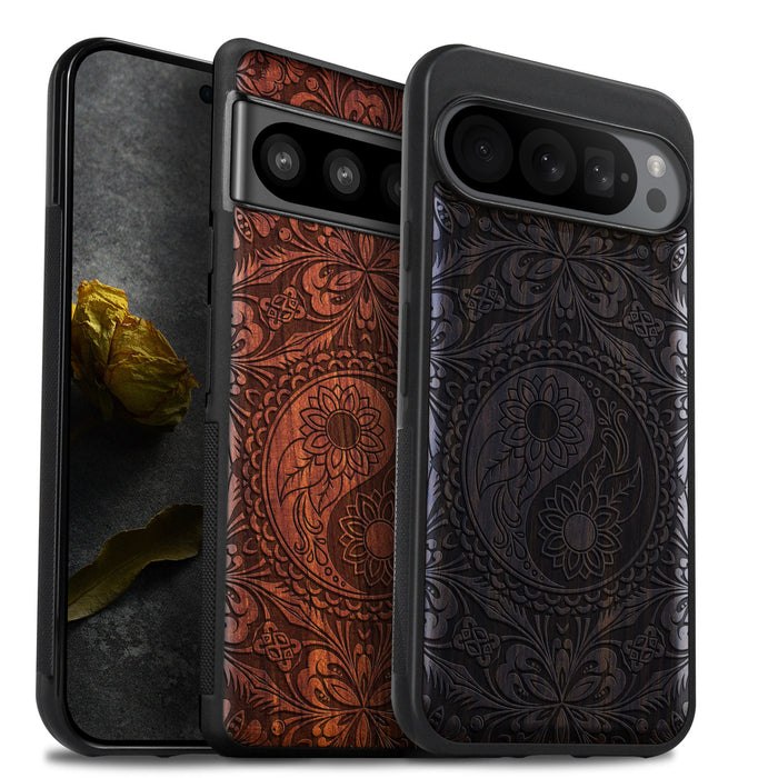 The Yin Yang Mandala, Classic Engraved Wood & TPU Case - Artisanal Cover for Google Pixel