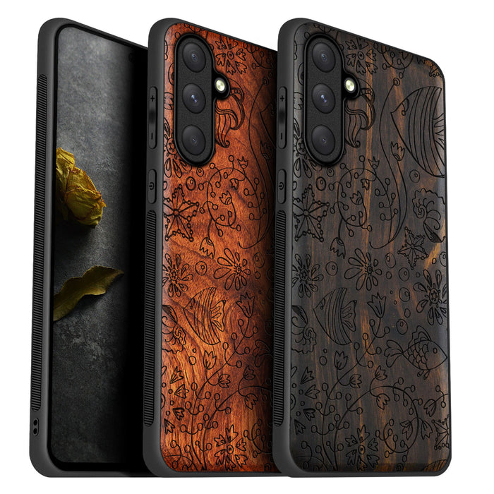 Seamless Linework of Oceanic Life, Classic Engraved Wood & TPU Case - Artisanal Cover for Samsung Galaxy