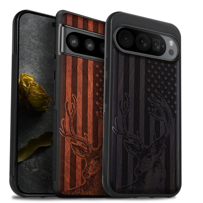 Deer Against the Backdrop of Stars and Stripes, Classic Engraved Wood & TPU Case - Artisanal Cover for Google Pixel