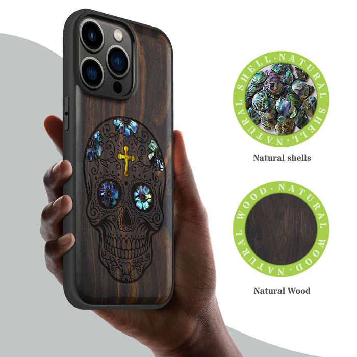 The Dia de los Muertos Sugar Skull, Hand-Inlaid Wood & Mother of Pearl Case - Artisanal Cover for Apple iPhone